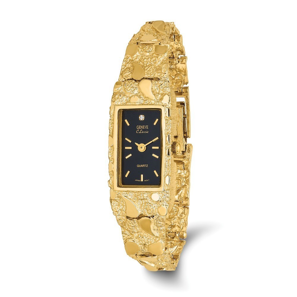 10k Yellow Gold Fine Jewelry Black 15x31mm Dial Rectangular Face Nugget Watch